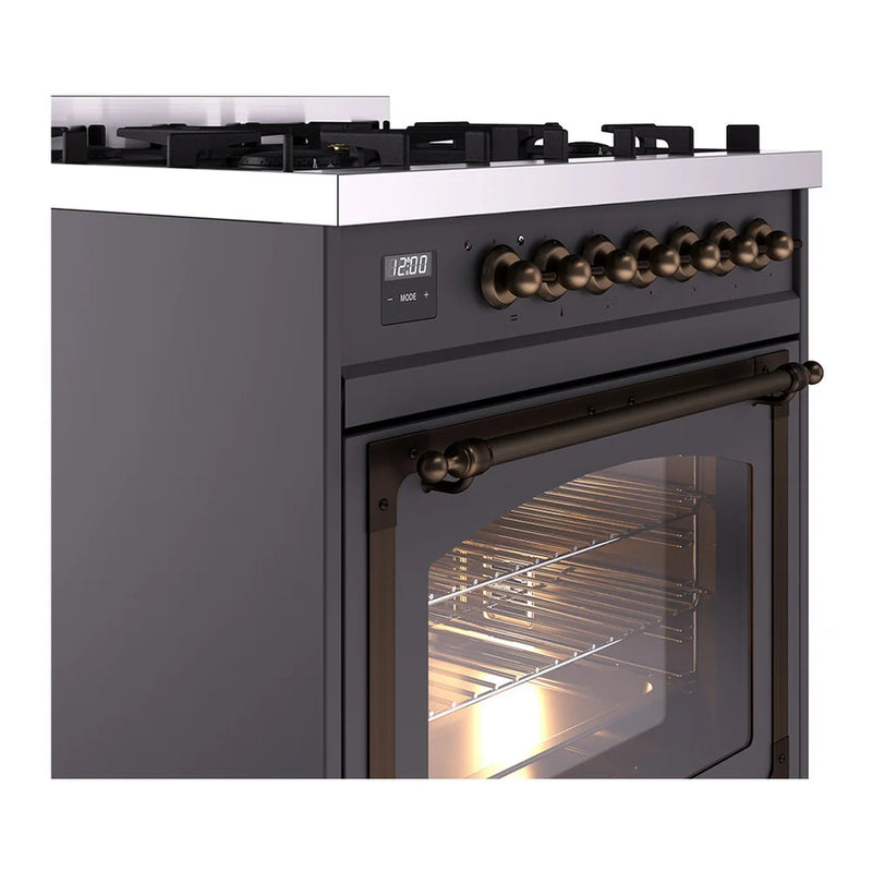 ILVE Nostalgie II Noblesse 30" Dual Fuel Freestanding Range in Graphite Matte with Burnished Trim, UN30NMPMGBLP