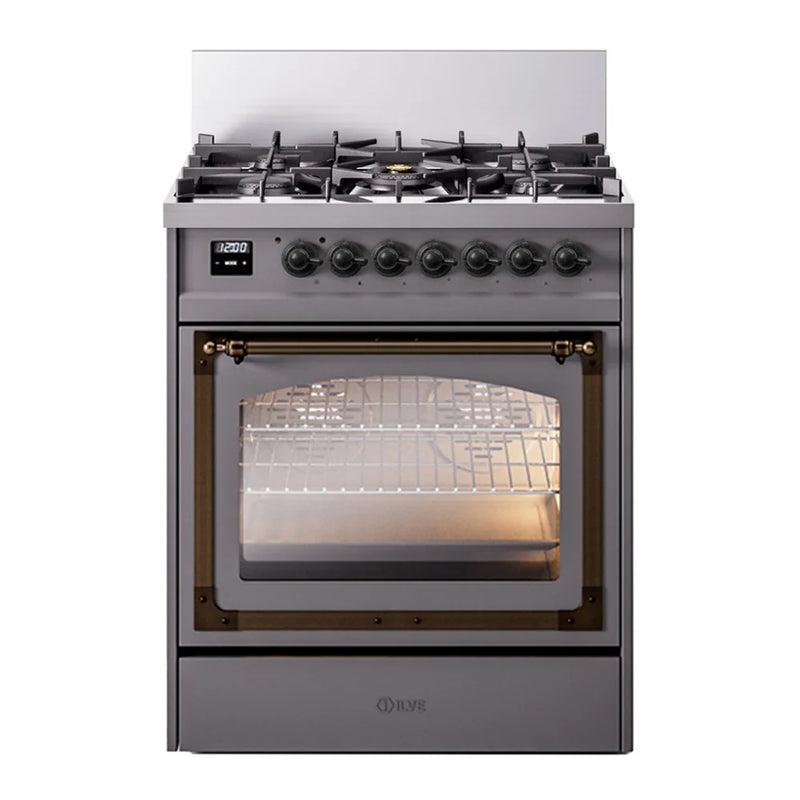ILVE Nostalgie II Noblesse 30" Dual Fuel Freestanding Range in Graphite Matte with Burnished Trim, UN30NMPMGB