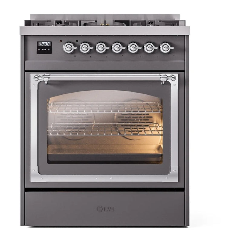 ILVE Nostalgie II Noblesse 30" Dual Fuel Freestanding Range in Graphite Matte with Chrome Trim, UN30NMPMGCLP