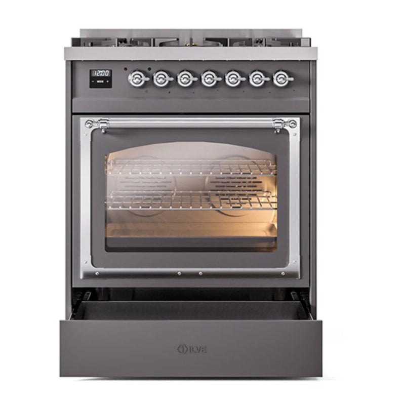 ILVE Nostalgie II Noblesse 30" Dual Fuel Freestanding Range in Graphite Matte with Chrome Trim, UN30NMPMGCLP