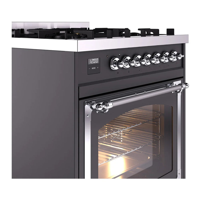 ILVE Nostalgie II Noblesse 30" Dual Fuel Freestanding Range in Graphite Matte with Chrome Trim, UN30NMPMGCLP