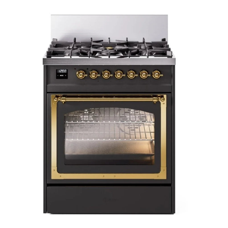 ILVE Nostalgie II Noblesse 30" Dual Fuel Freestanding Range in Graphite Matte with Brass Trim, UN30NMPMGGLP