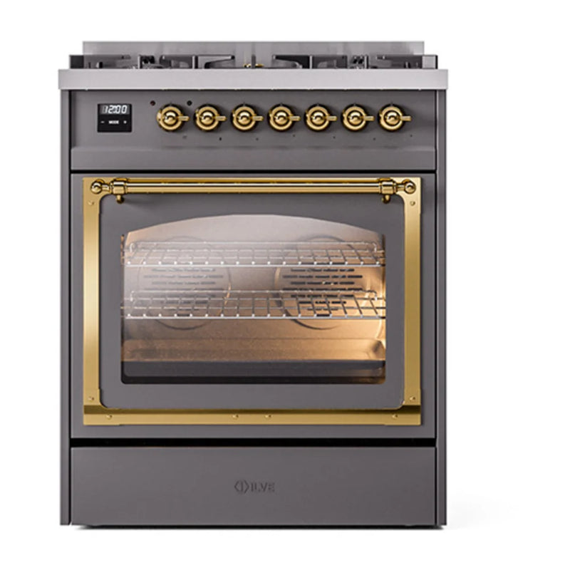 ILVE Nostalgie II Noblesse 30" Dual Fuel Freestanding Range in Graphite Matte with Brass Trim, UN30NMPMGGLP