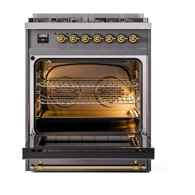 ILVE Nostalgie II Noblesse 30" Dual Fuel Freestanding Range in Graphite Matte with Brass Trim, UN30NMPMGGLP