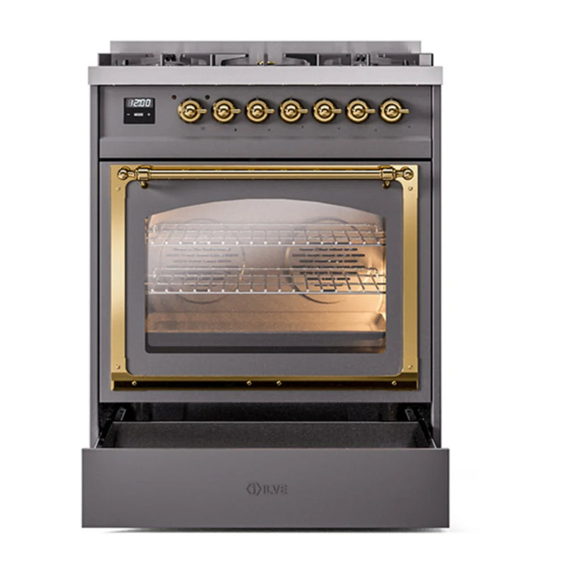 ILVE Nostalgie II Noblesse 30" Dual Fuel Freestanding Range in Graphite Matte with Brass Trim, UN30NMPMGG