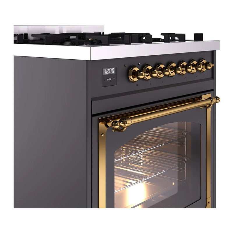 ILVE Nostalgie II Noblesse 30" Dual Fuel Freestanding Range in Graphite Matte with Brass Trim, UN30NMPMGG