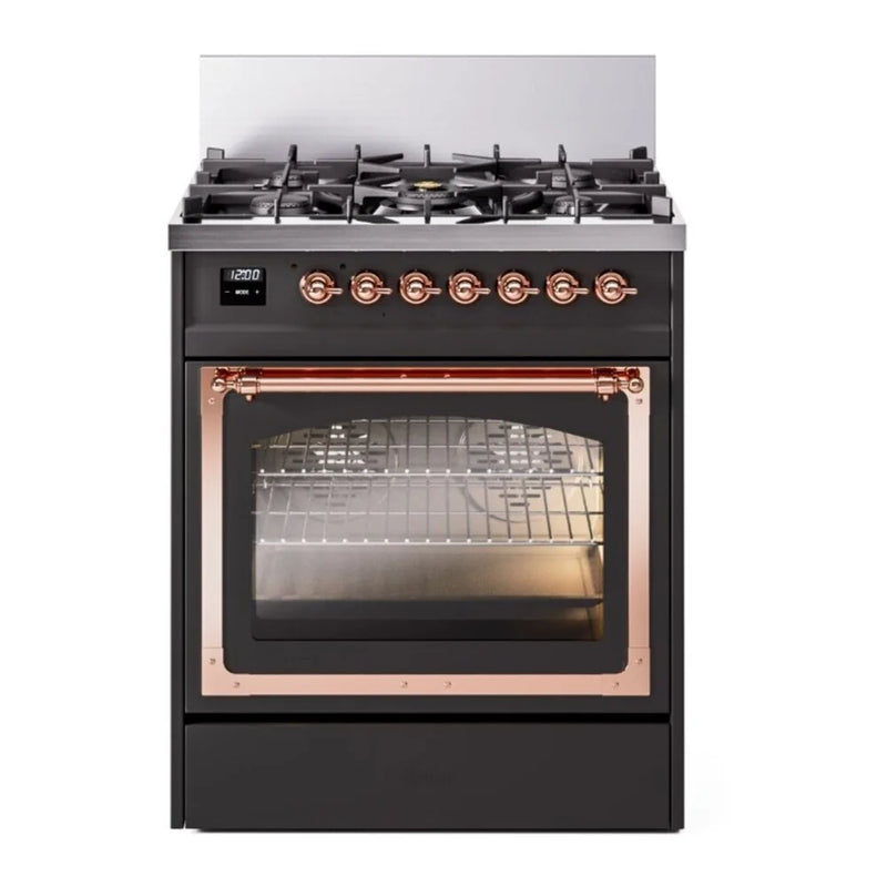 ILVE Nostalgie II Noblesse 30" Dual Fuel Freestanding Range in Graphite Matte with Copper Trim, UN30NMPMGPLP