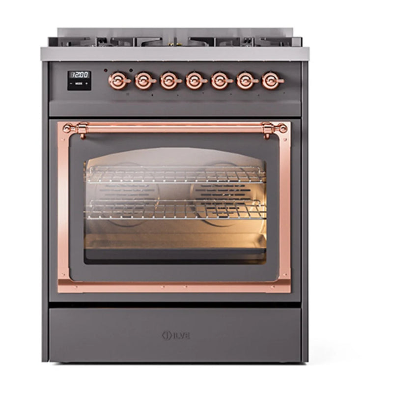 ILVE Nostalgie II Noblesse 30" Dual Fuel Freestanding Range in Graphite Matte with Copper Trim, UN30NMPMGPLP