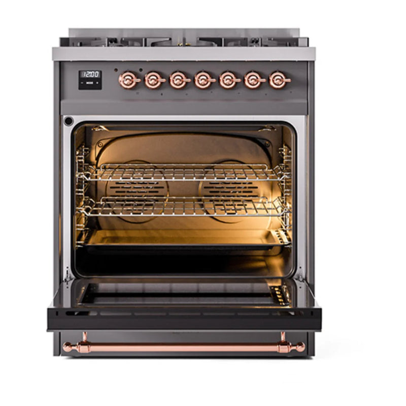 ILVE Nostalgie II Noblesse 30" Dual Fuel Freestanding Range in Graphite Matte with Copper Trim, UN30NMPMGPLP