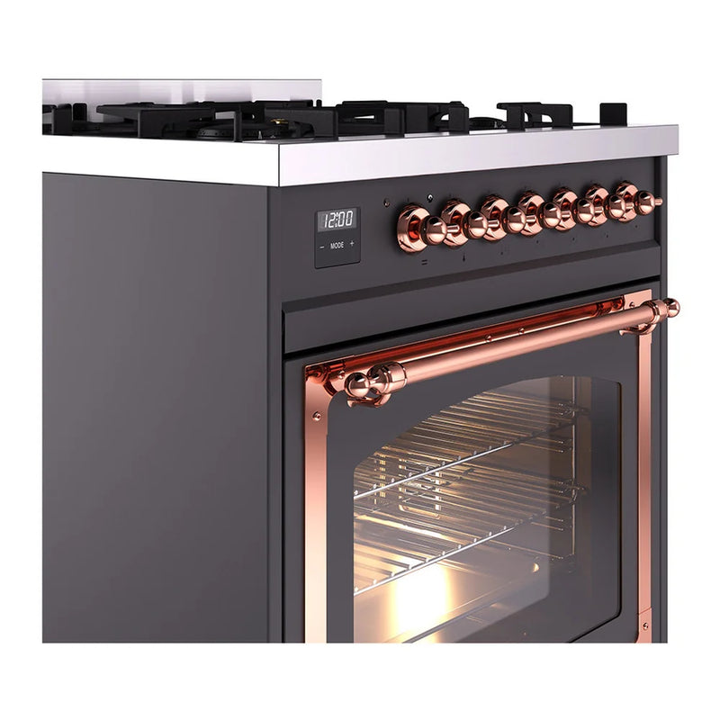 ILVE Nostalgie II Noblesse 30" Dual Fuel Freestanding Range in Graphite Matte with Copper Trim, UN30NMPMGPLP