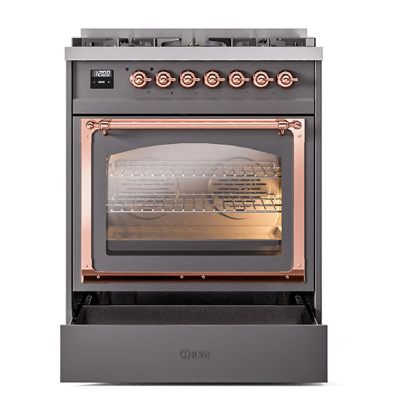 ILVE Nostalgie II Noblesse 30" Dual Fuel Freestanding Range in Graphite Matte with Copper Trim, UN30NMPMGP