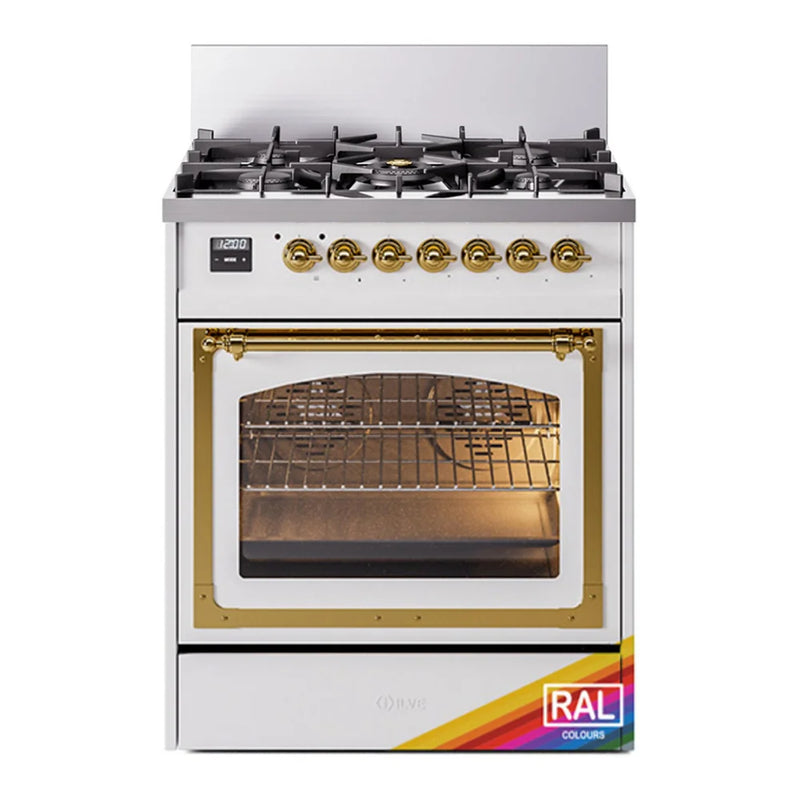 ILVE Nostalgie II Noblesse 30" Dual Fuel Freestanding Range in RAL Color with Brass Trim, UN30NMPRAG