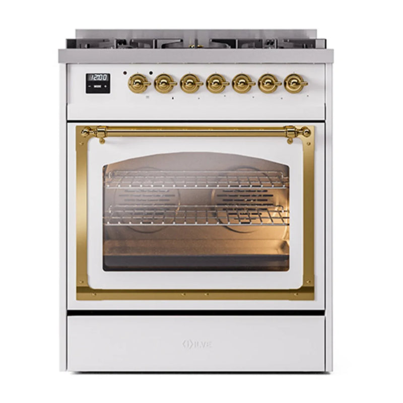 ILVE Nostalgie II Noblesse 30" Dual Fuel Freestanding Range in RAL Color with Brass Trim, UN30NMPRAG