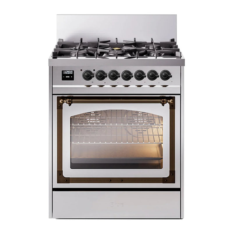 ILVE Nostalgie II Noblesse 30" Dual Fuel Freestanding Range in Stainless Steel with Burnished Trim, UN30NMPSSBLP