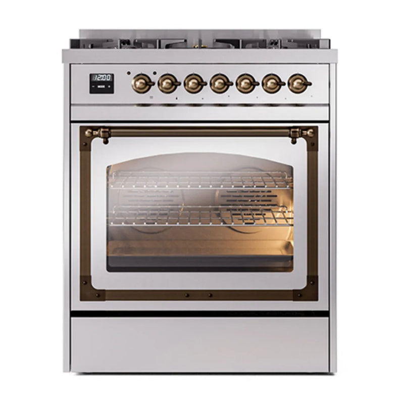 ILVE Nostalgie II Noblesse 30" Dual Fuel Freestanding Range in Stainless Steel with Burnished Trim, UN30NMPSSB