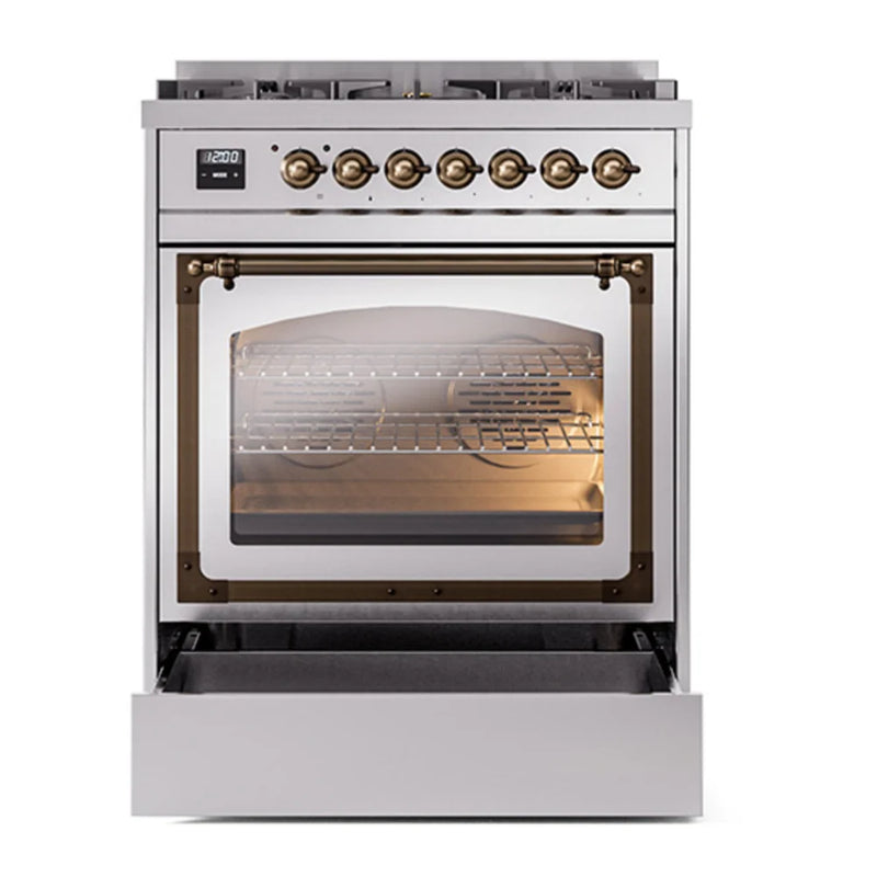 ILVE Nostalgie II Noblesse 30" Dual Fuel Freestanding Range in Stainless Steel with Burnished Trim, UN30NMPSSB