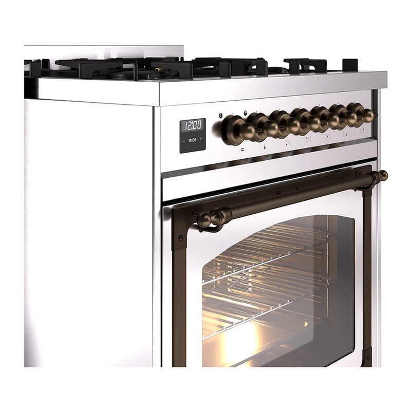 ILVE Nostalgie II Noblesse 30" Dual Fuel Freestanding Range in Stainless Steel with Burnished Trim, UN30NMPSSB