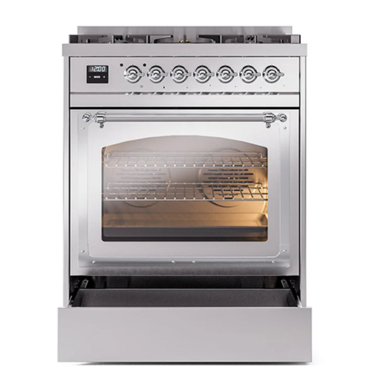 ILVE Nostalgie II Noblesse 30" Dual Fuel Freestanding Range in Stainless Steel with Chrome Trim, UN30NMPSSCLP