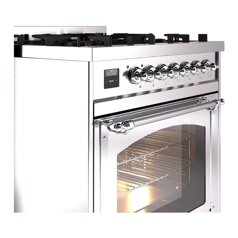 ILVE Nostalgie II Noblesse 30" Dual Fuel Freestanding Range in Stainless Steel with Chrome Trim, UN30NMPSSCLP