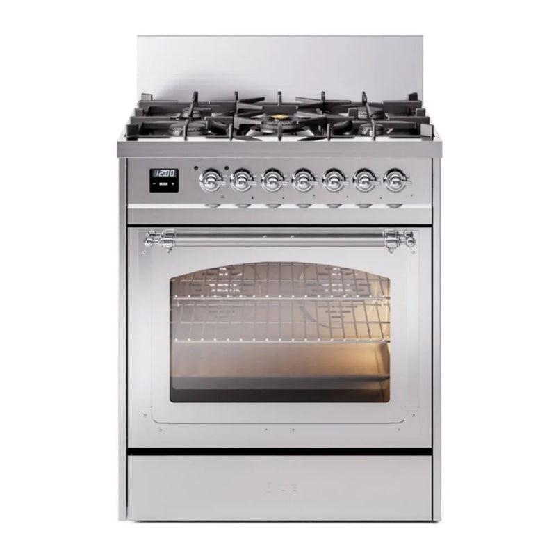 ILVE Nostalgie II Noblesse 30" Dual Fuel Freestanding Range in Stainless Steel with Chrome Trim, UN30NMPSSC