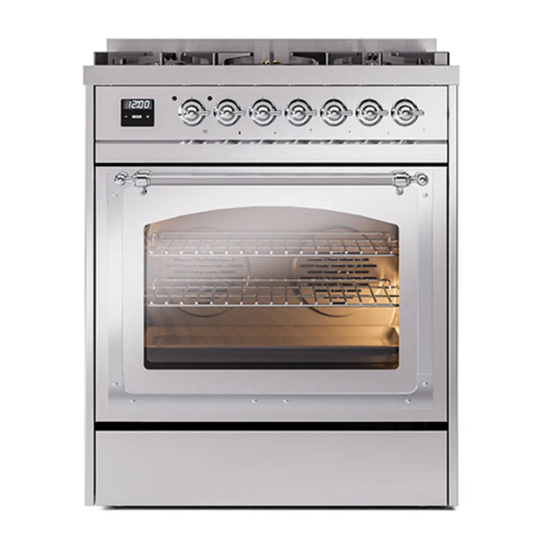 ILVE Nostalgie II Noblesse 30" Dual Fuel Freestanding Range in Stainless Steel with Chrome Trim, UN30NMPSSC