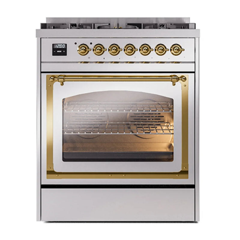 ILVE Nostalgie II Noblesse 30" Dual Fuel Freestanding Range in Stainless Steel with Brass Trim, UN30NMPSSGLP