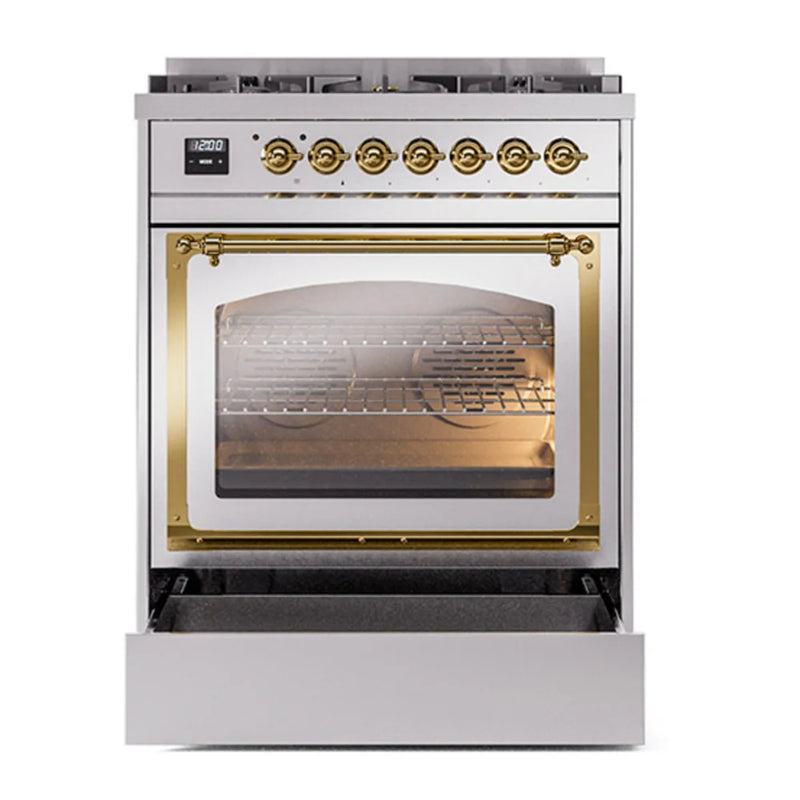 ILVE Nostalgie II Noblesse 30" Dual Fuel Freestanding Range in Stainless Steel with Brass Trim, UN30NMPSSGLP