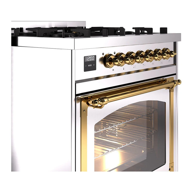 ILVE Nostalgie II Noblesse 30" Dual Fuel Freestanding Range in Stainless Steel with Brass Trim, UN30NMPSSGLP