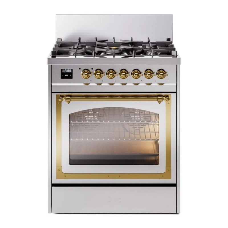 ILVE Nostalgie II Noblesse 30" Dual Fuel Freestanding Range in Stainless Steel with Brass Trim, UN30NMPSSG