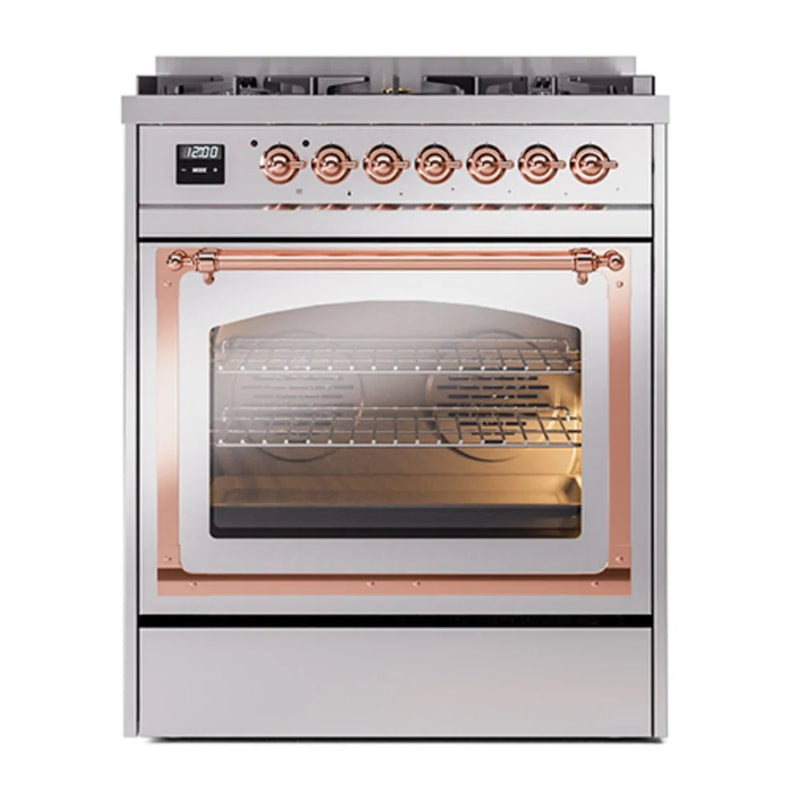 ILVE Nostalgie II Noblesse 30" Dual Fuel Freestanding Range in Stainless Steel with Copper Trim, UN30NMPSSPLP
