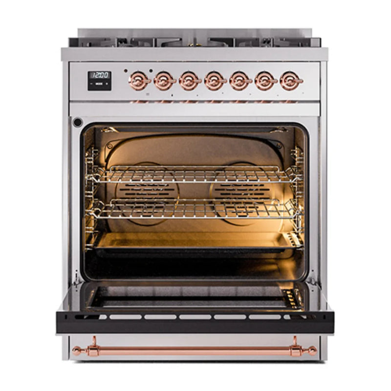 ILVE Nostalgie II Noblesse 30" Dual Fuel Freestanding Range in Stainless Steel with Copper Trim, UN30NMPSSP