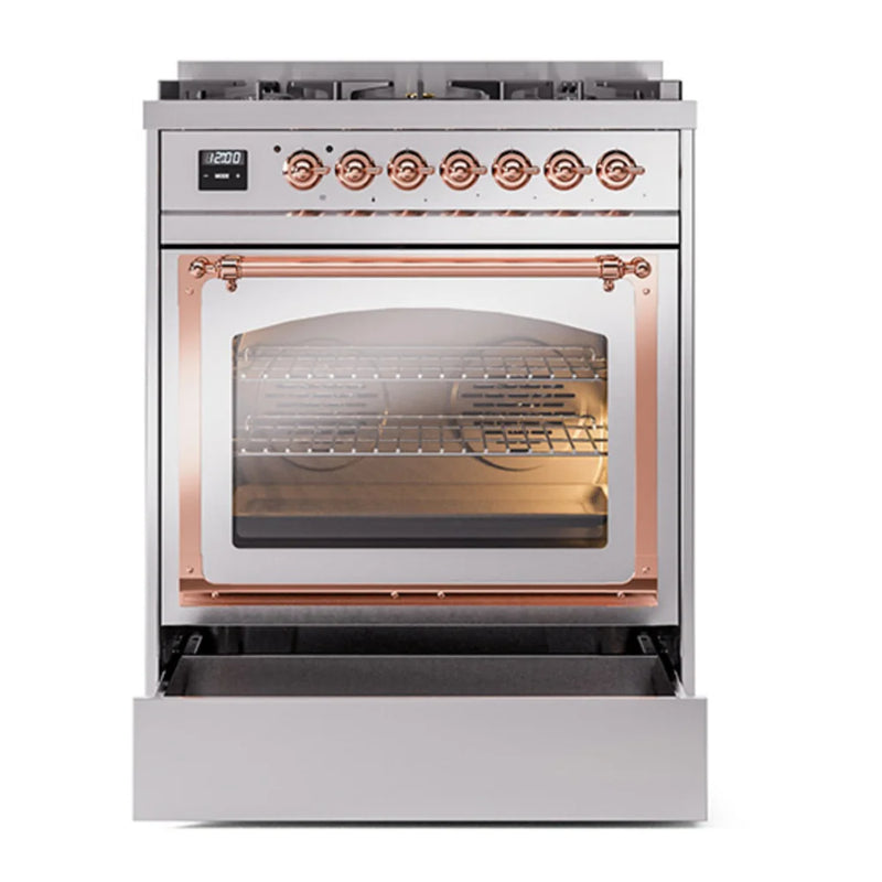 ILVE Nostalgie II Noblesse 30" Dual Fuel Freestanding Range in Stainless Steel with Copper Trim, UN30NMPSSP