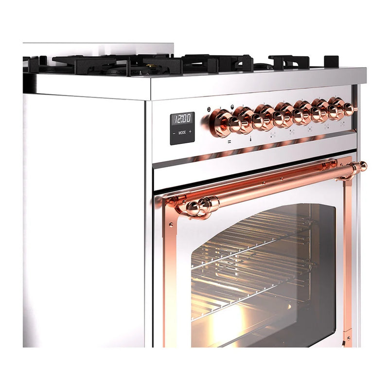 ILVE Nostalgie II Noblesse 30" Dual Fuel Freestanding Range in Stainless Steel with Copper Trim, UN30NMPSSP