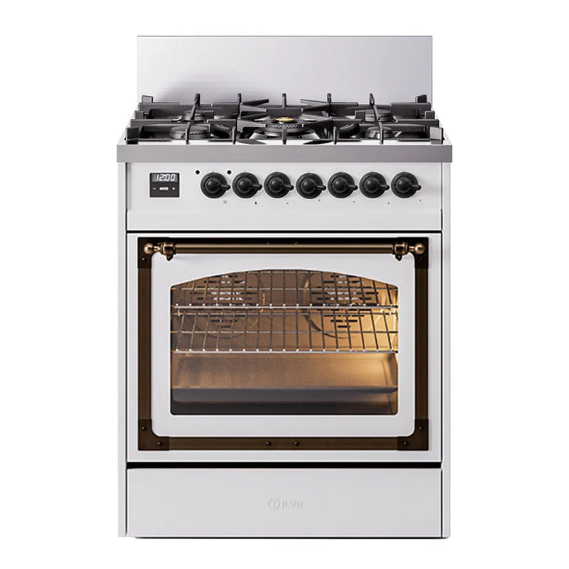 ILVE Nostalgie II Noblesse 30" Dual Fuel Freestanding Range in White with Burnished Trim, UN30NMPWHBLP