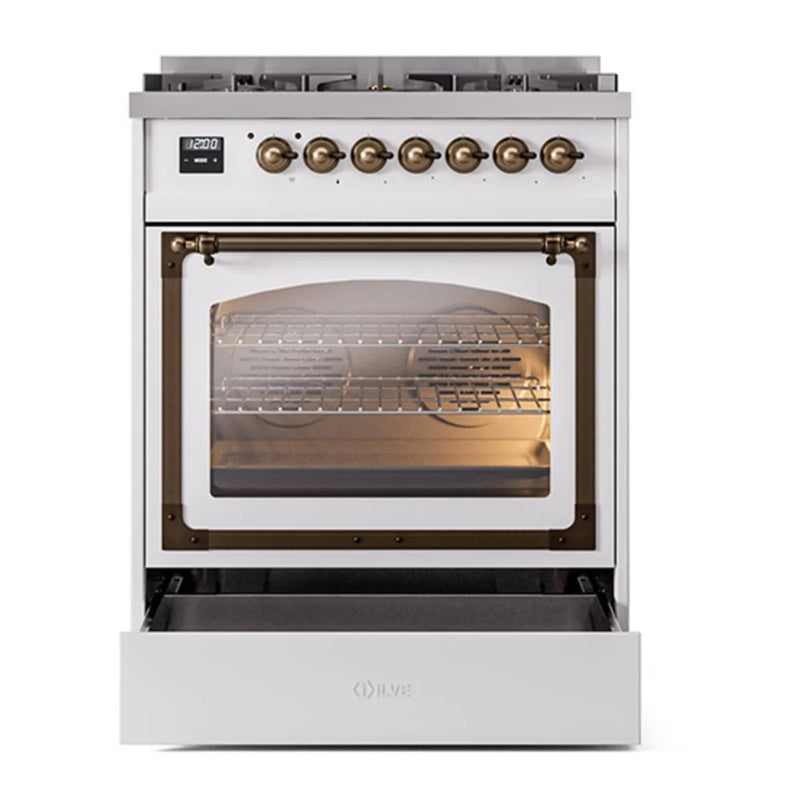 ILVE Nostalgie II Noblesse 30" Dual Fuel Freestanding Range in White with Burnished Trim, UN30NMPWHBLP