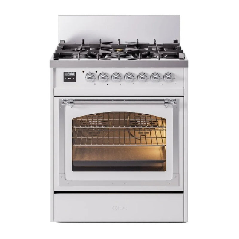 ILVE Nostalgie II Noblesse 30" Dual Fuel Freestanding Range in White with Chrome Trim, UN30NMPWHCLP