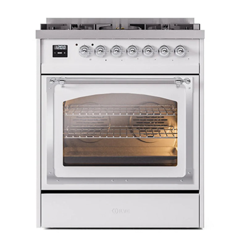 ILVE Nostalgie II Noblesse 30" Dual Fuel Freestanding Range in White with Chrome Trim, UN30NMPWHC