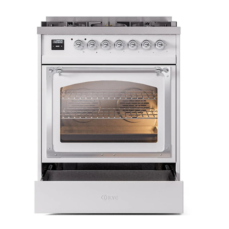 ILVE Nostalgie II Noblesse 30" Dual Fuel Freestanding Range in White with Chrome Trim, UN30NMPWHC