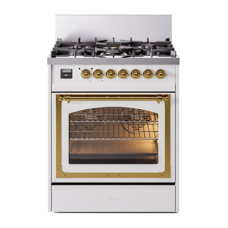 ILVE Nostalgie II Noblesse 30" Dual Fuel Freestanding Range in White with Brass Trim, UN30NMPWHGLP