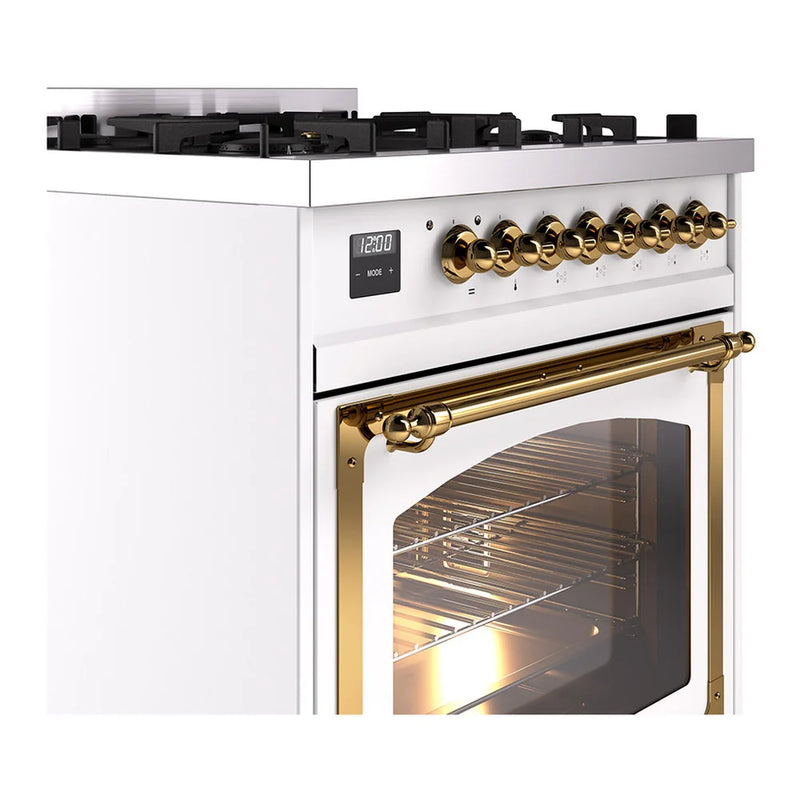 ILVE Nostalgie II Noblesse 30" Dual Fuel Freestanding Range in White with Brass Trim, UN30NMPWHGLP