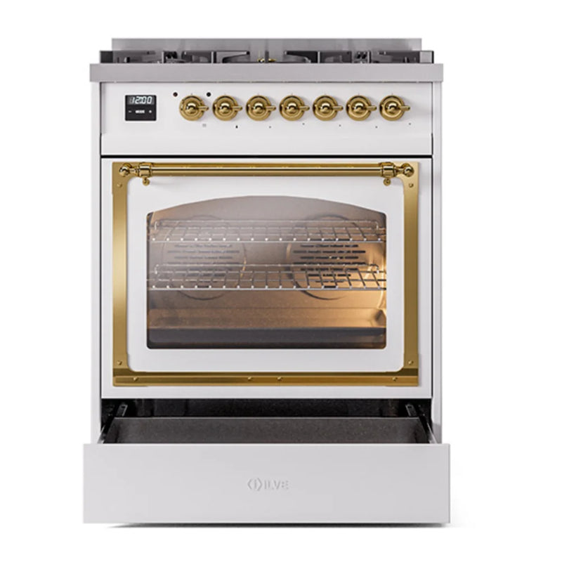 ILVE Nostalgie II Noblesse 30" Dual Fuel Freestanding Range in White with Brass Trim, UN30NMPWHG