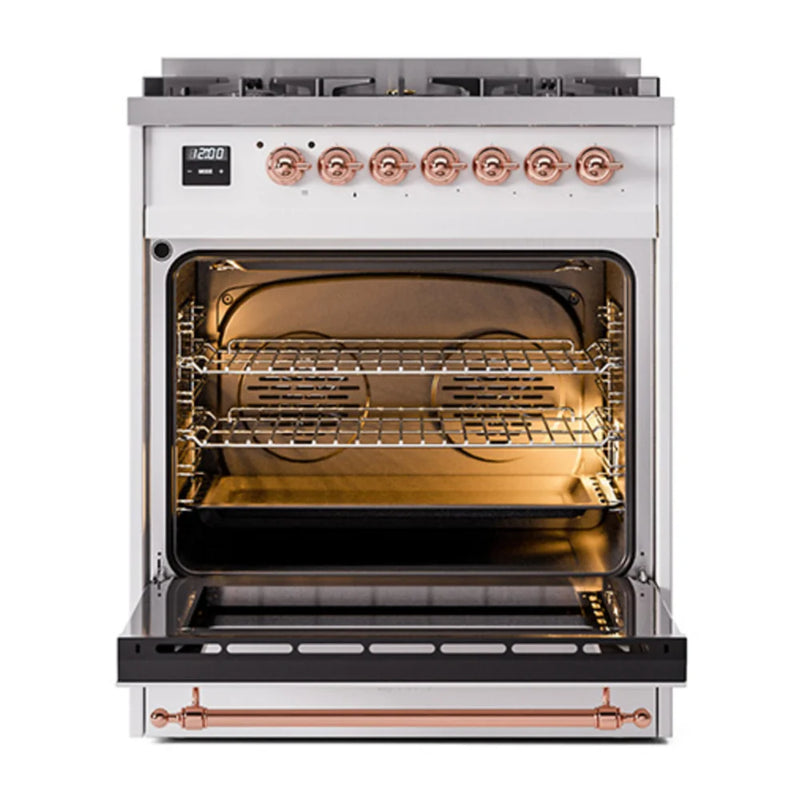 ILVE Nostalgie II Noblesse 30" Dual Fuel Freestanding Range in White with Copper Trim, UN30NMPWHPLP