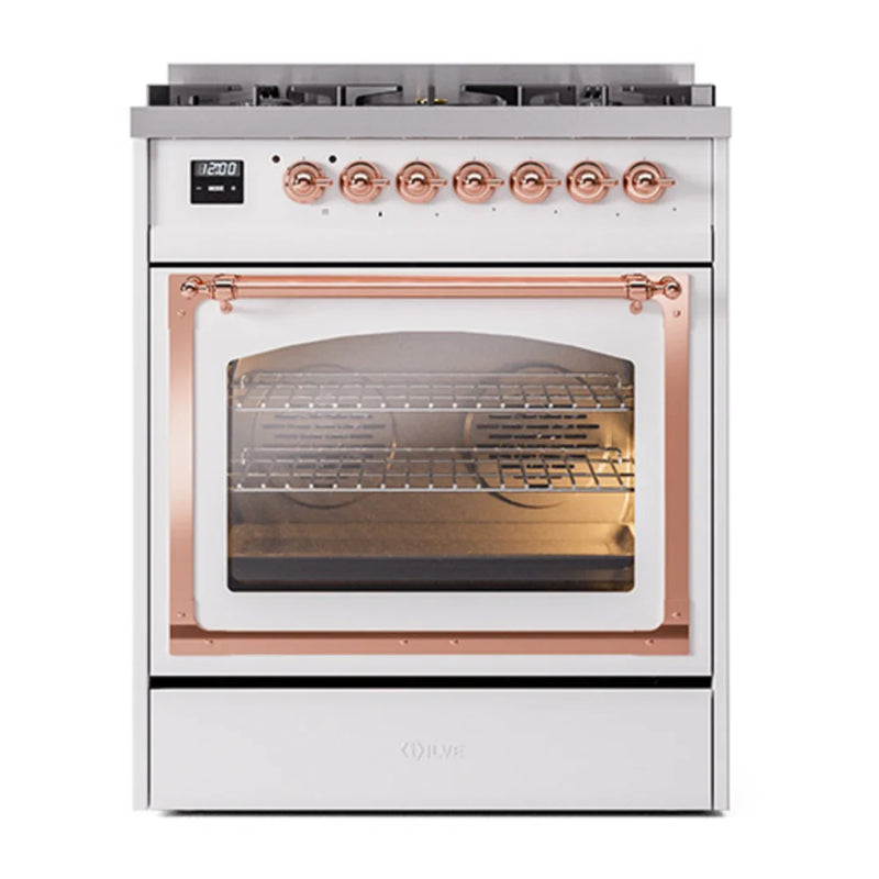 ILVE Nostalgie II Noblesse 30" Dual Fuel Freestanding Range in White with Copper Trim, UN30NMPWHP