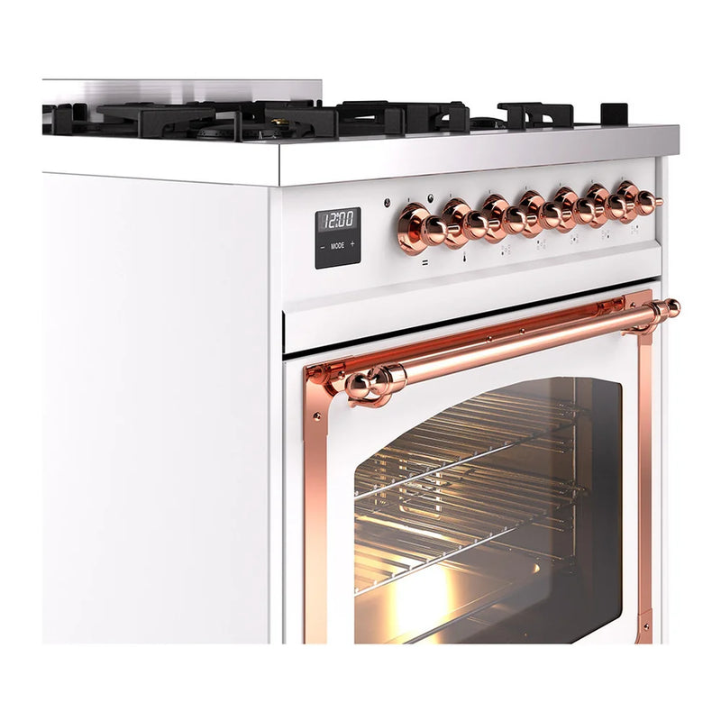 ILVE Nostalgie II Noblesse 30" Dual Fuel Freestanding Range in White with Copper Trim, UN30NMPWHP