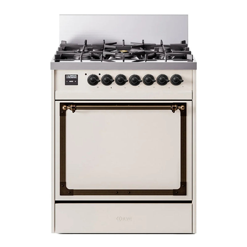 ILVE Nostalgie II Noblesse 30" Dual Fuel Freestanding Range in Antique White with Burnished Trim, UN30QNMPAWB