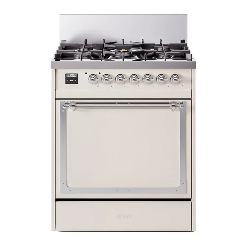 ILVE Nostalgie II Noblesse 30" Dual Fuel Freestanding Range in Antique White with Chrome Trim, UN30QNMPAWC