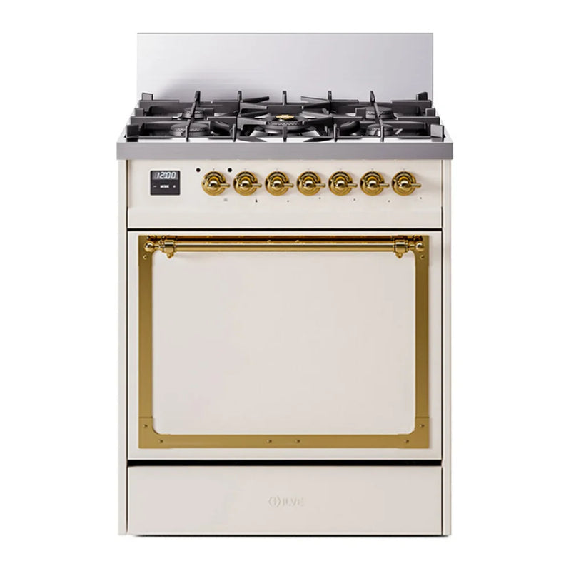 ILVE Nostalgie II Noblesse 30" Dual Fuel Freestanding Range in Antique White with Brass Trim, UN30QNMPAWGLP