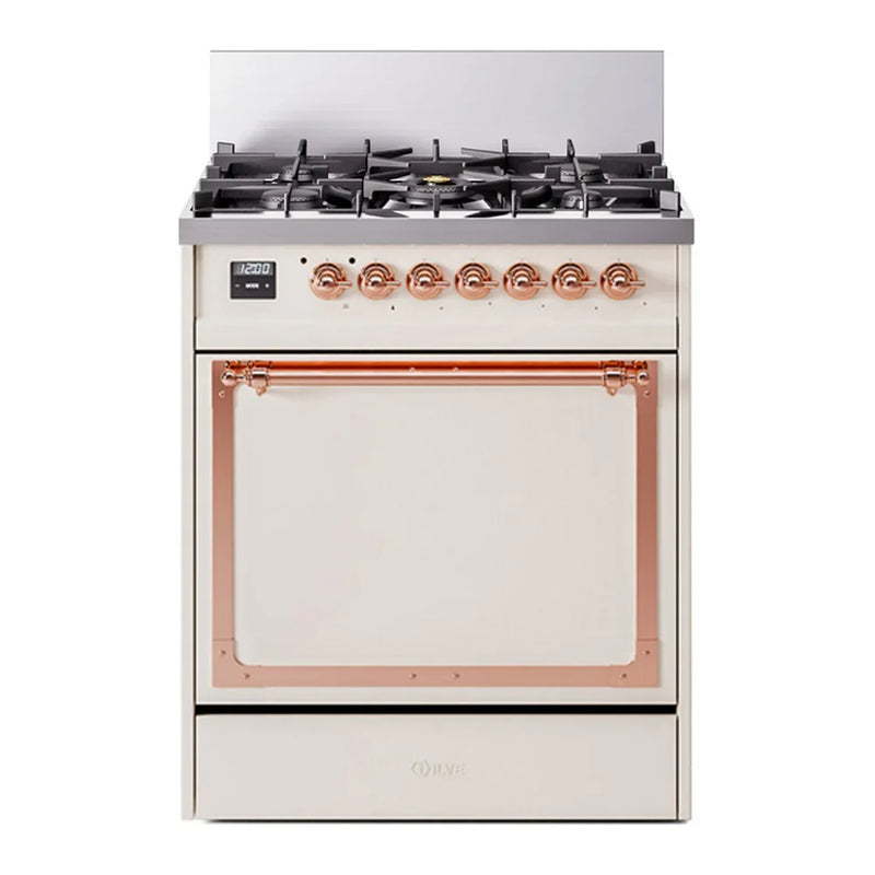 ILVE Nostalgie II Noblesse 30" Dual Fuel Freestanding Range in Antique White with Copper Trim, UN30QNMPAWPLP