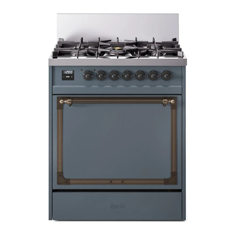 ILVE Nostalgie II Noblesse 30" Dual Fuel Freestanding Range in Blue Grey with Burnished Trim, UN30QNMPBGB