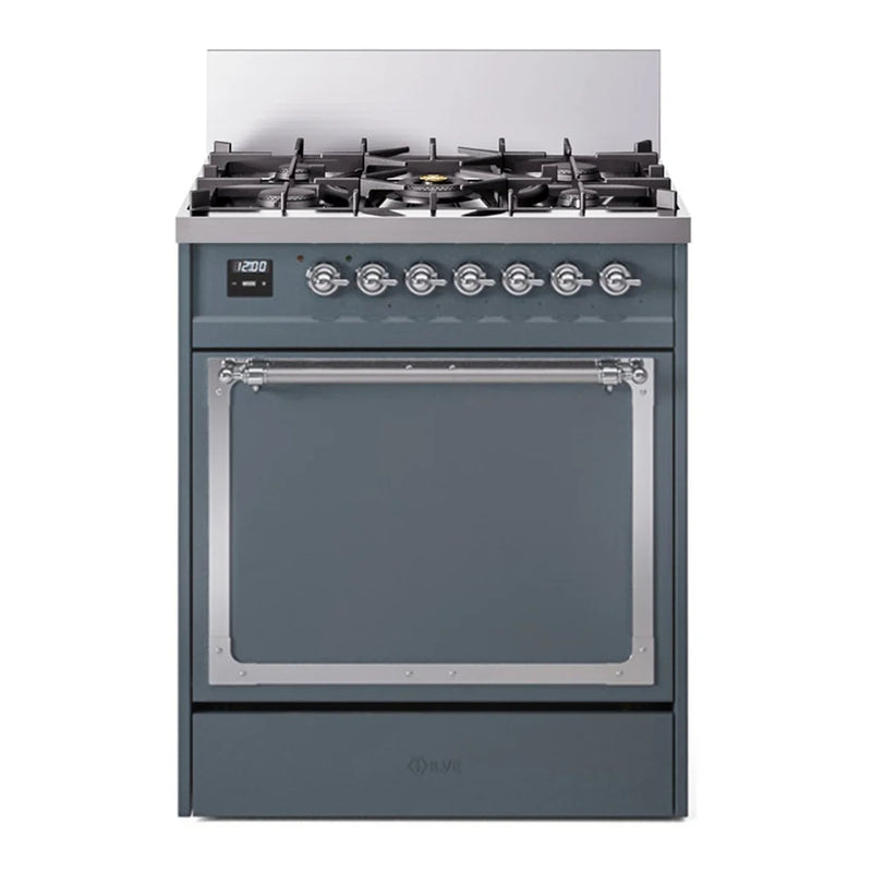 ILVE Nostalgie II Noblesse 30" Dual Fuel Freestanding Range in Blue Grey with Chrome Trim, UN30QNMPBGCLP